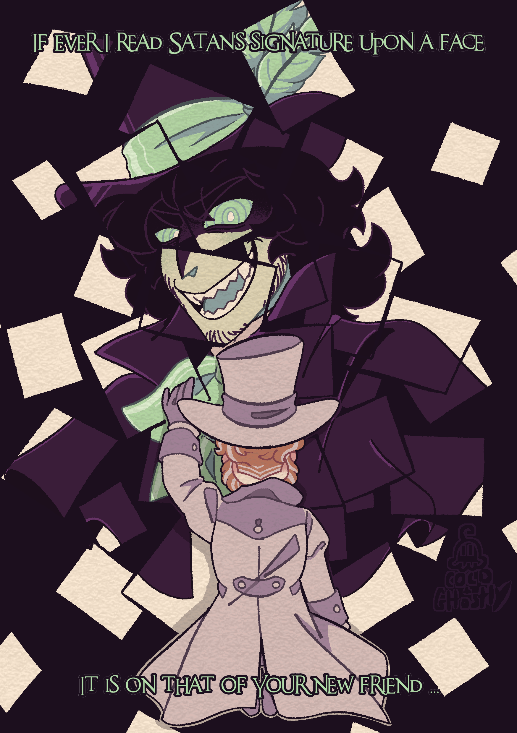 A drawing of Gabriel Utterson kneeling on the floor, scattered around and in front of him are scraps of paper making up the image of Edward Hyde grinning down on him menacingly.